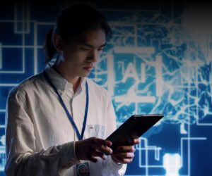 A person in a white shirt uses a tablet, standing in front of a digital background with circuit patterns and a glowing AI in Accounting symbol.