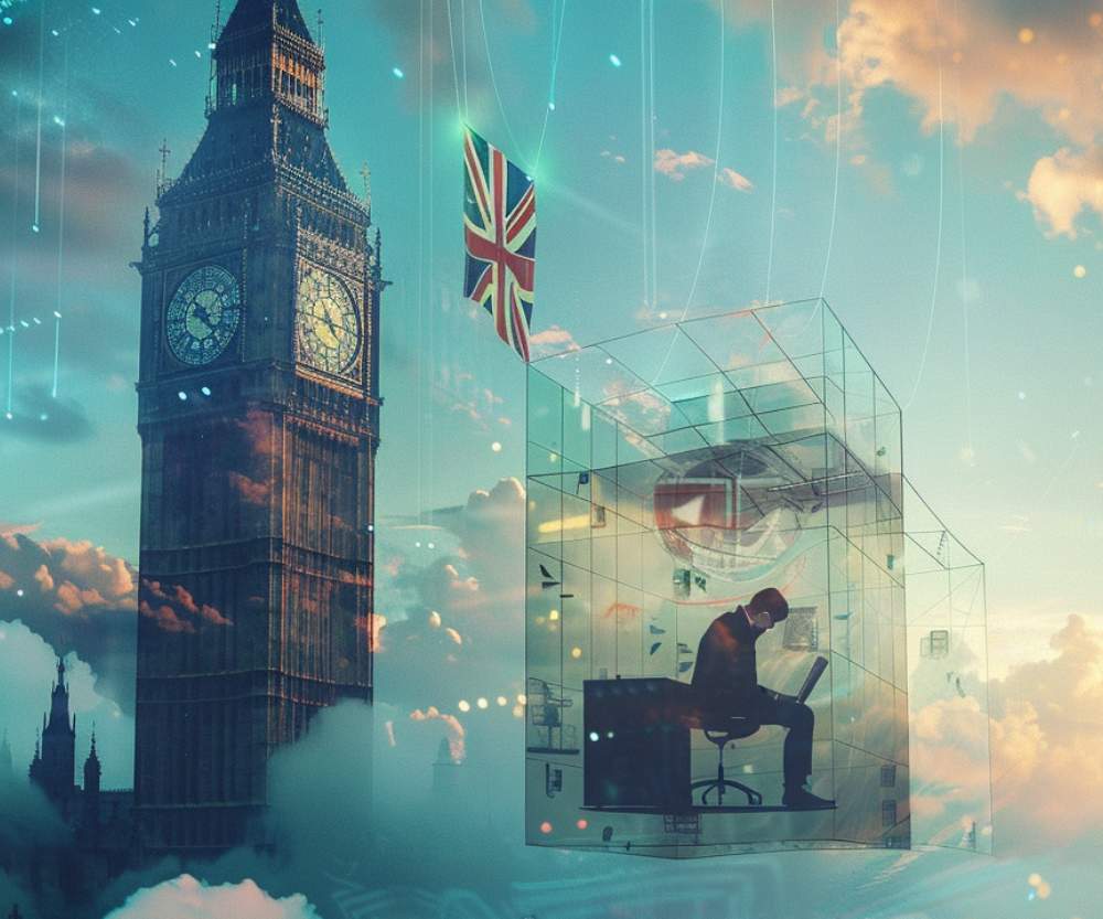 A surreal image of Big Ben surrounded by clouds, with a transparent glass office—where a person from one of the top UK companies sits working at a desk—suspended nearby. A UK flag floats above the scene.