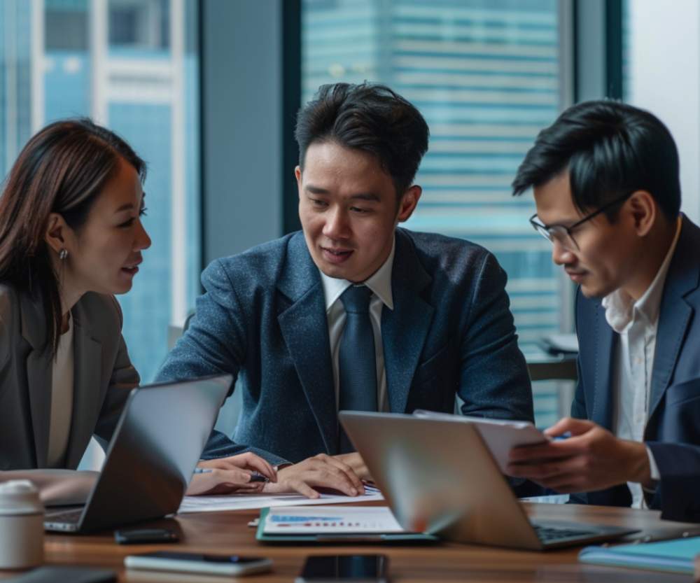 Three business professionals sit at a table in an Emapta office, discussing documents and using laptops. City buildings are visible through the large windows, emphasizing a modern Legal Process Outsourcing environment.