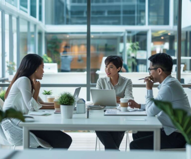 Three people sit at a table in a modern office, engaged in a meeting about ways to streamline legal tasks. Laptops, coffee cups, and plants are on the table, while large glass windows reveal an urban background.