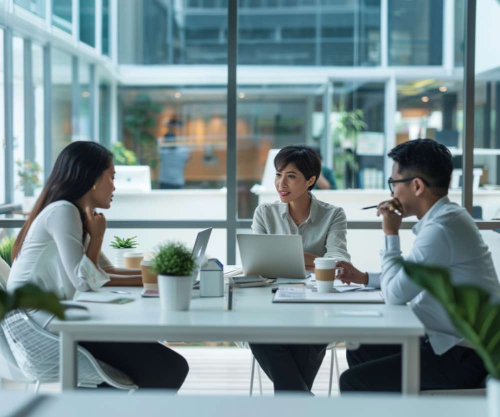 Three people sit at a table in a modern office, engaged in a meeting about ways to streamline legal tasks. Laptops, coffee cups, and plants are on the table, while large glass windows reveal an urban background.