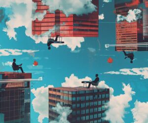 Silhouetted people sit at desks on the edges of tall buildings, some upside-down, against a bright sky with clouds and scattered autumn leaves, creating a surreal, dreamlike office scene that hints at the skills gap in North America.