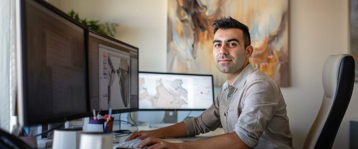 A man sits at a desk with three computer monitors displaying design software and maps in a modern office, highlighting the efficiency of outsourcing. He looks at the camera, with abstract artwork hanging on the wall behind him.