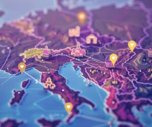 A colorful, stylized map of Europe with illustrated landmarks and location pins highlighting various cities and regions, including Italy and neighboring countries—perfect for visualizing 2026 travel trends or outsourcing opportunities. The map features a soft, vibrant look.