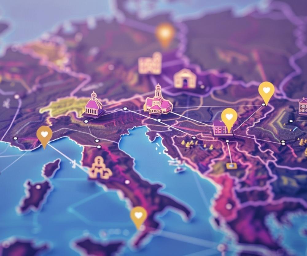 A colorful, stylized map of Europe with illustrated landmarks and location pins highlighting various cities and regions, including Italy and neighboring countries—perfect for visualizing 2026 travel trends or outsourcing opportunities. The map features a soft, vibrant look.