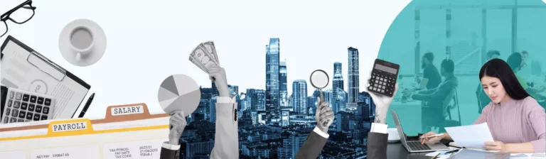 A collage shows office items like a calculator, payroll documents, and graphs, with hands holding money and a magnifying glass—symbolizing payroll outsourcing trends—over a city skyline; a woman works with papers at her desk on the right.