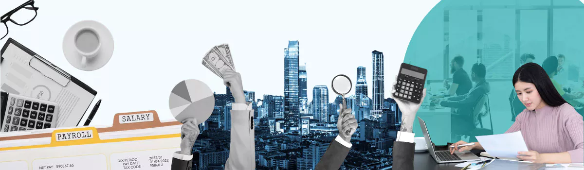 A collage shows office items like a calculator, payroll documents, and graphs, with hands holding money and a magnifying glass—symbolizing payroll outsourcing trends—over a city skyline; a woman works with papers at her desk on the right.