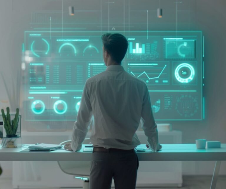 A person in business attire stands at a desk, viewing a large transparent digital screen with finance and accounting data charts in a modern, tech-driven talent office setting.