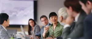 A group of professionals in business attire sit around a conference table, engaged in discussion on AI-powered finance & accounting. One woman in a green blouse speaks while others listen attentively. Laptops and documents are visible on the table.