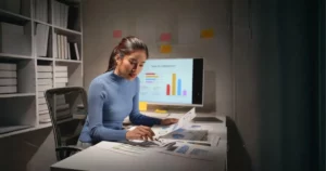 A woman sits at a desk in an office, analyzing charts and graphs on paper. A computer screen behind her displays a colorful bar graph, reflecting her focus on volatility risk. The room is dimly lit and organized with shelves of files.