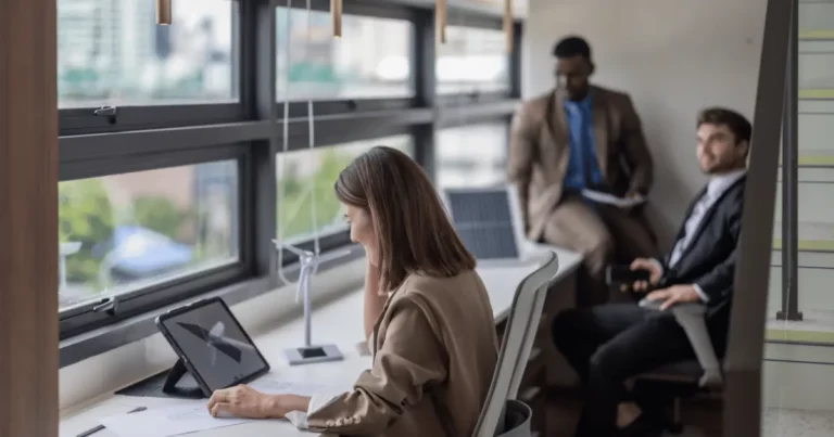 Three professionals are in a modern office by large windows. A woman works on a tablet, while two men dressed in business attire from Costa Rica and Colombia sit and talk in the background. Natural light fills the workspace.