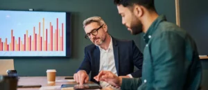 Two men sit at a table in an office, discussing documents and a tablet—one points as they consider outsourcing options. A cup of coffee and a screen with a colorful bar graph complete the scene.
