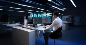Two people work at desks with multiple monitors displaying code in a dimly lit, modern enterprise office focused on security, surrounded by computer equipment and large digital displays in the background.