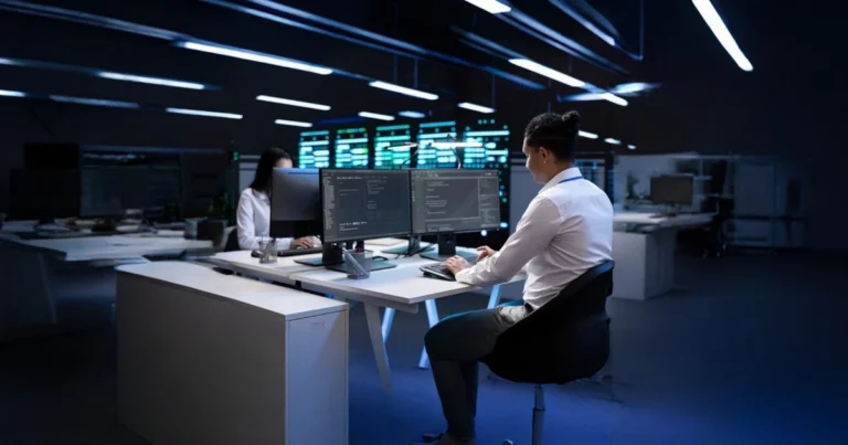 Two people work at desks with multiple monitors displaying code in a dimly lit, modern enterprise office focused on security, surrounded by computer equipment and large digital displays in the background.