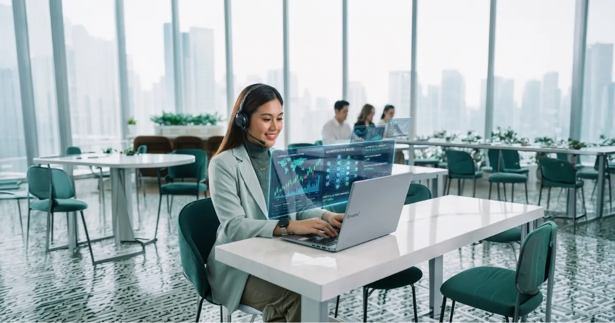 A woman wearing headphones works on a laptop with virtual data displays in a modern office with large windows, while three people collaborate in the background—reflecting how CFOs can accelerate AI adoption with global teams.