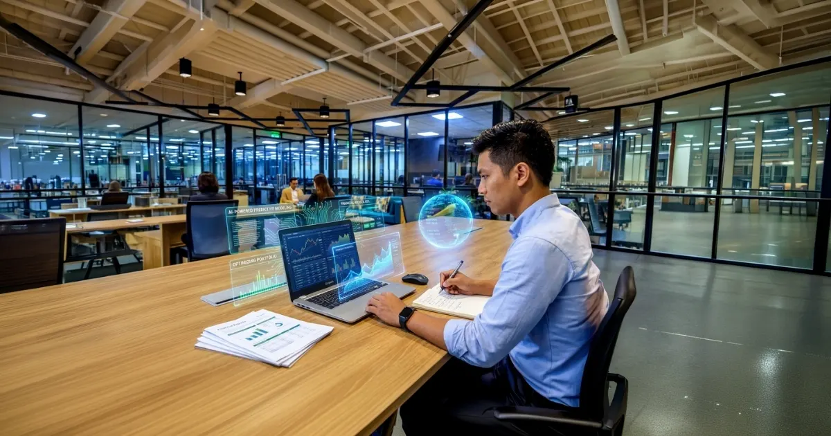 A man sits at a desk in a modern office, working on a laptop with virtual data graphs—signs of the Finance Reckoning: AI—displayed before him. Colleagues work nearby, tackling ESG in 2026 within glass-walled meeting rooms.